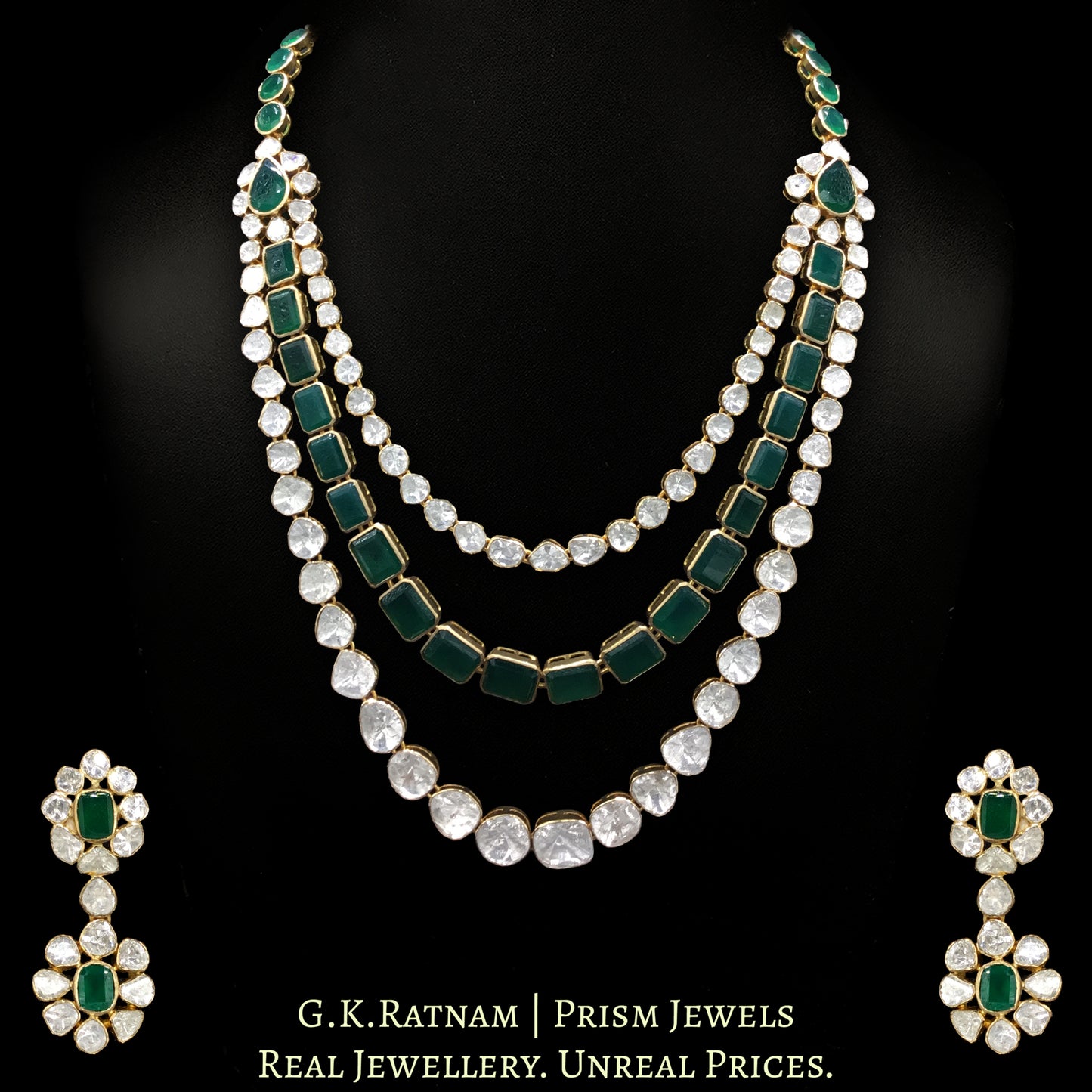 14k Gold and Diamond Polki Open Setting three-line Necklace Set with emerald-green stones