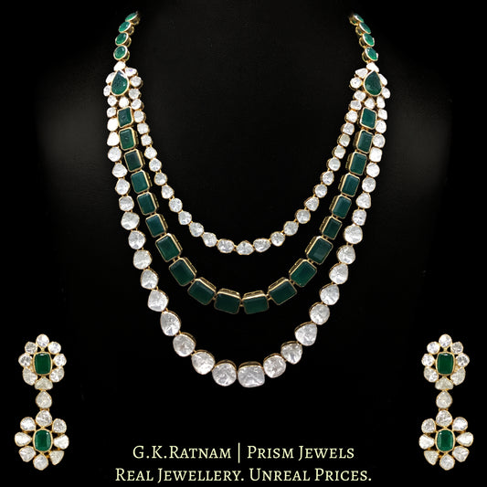 14k Gold and Diamond Polki Open Setting three-line Necklace Set with emerald-green stones