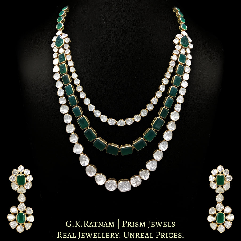 14k Gold and Diamond Polki Open Setting three-line Necklace Set with emerald-green stones