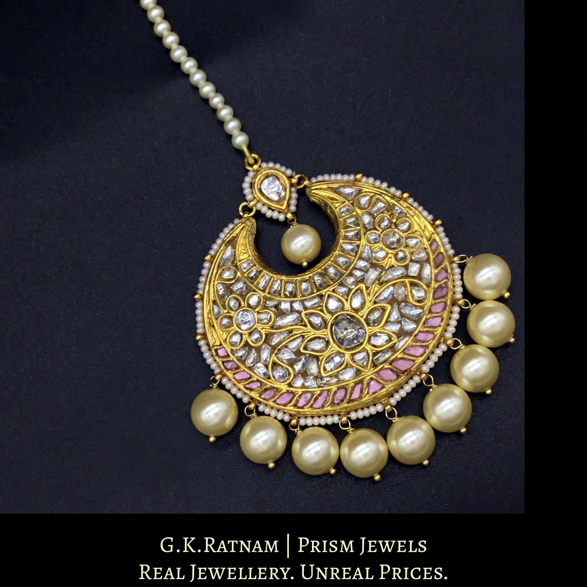 23k Gold and Diamond Polki Maang Tika embedded with baby pink stones