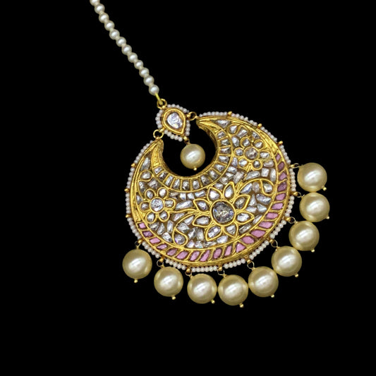 23k Gold and Diamond Polki Maang Tika embedded with baby pink stones