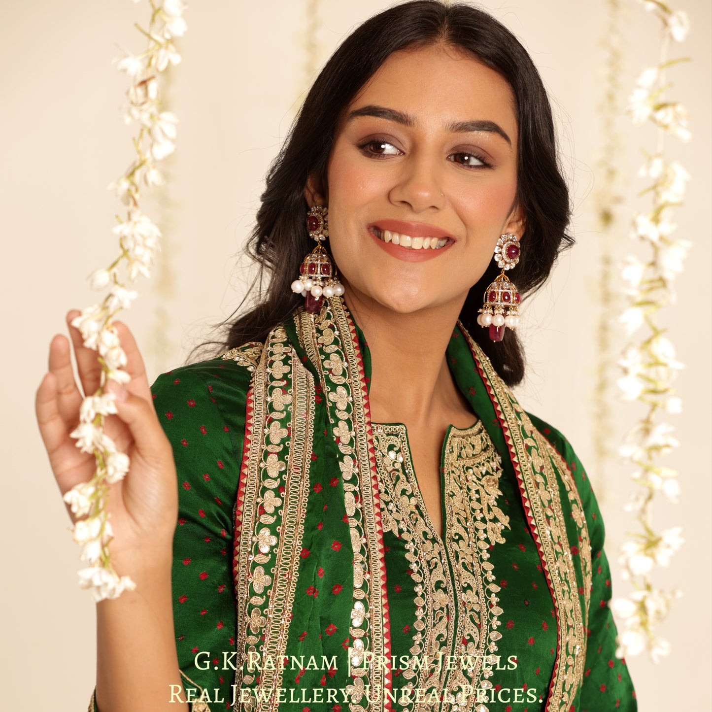 18k Gold and Diamond Polki Open Setting Jhumki Earring Pair with Rubies and Natural Freshwater Pearls