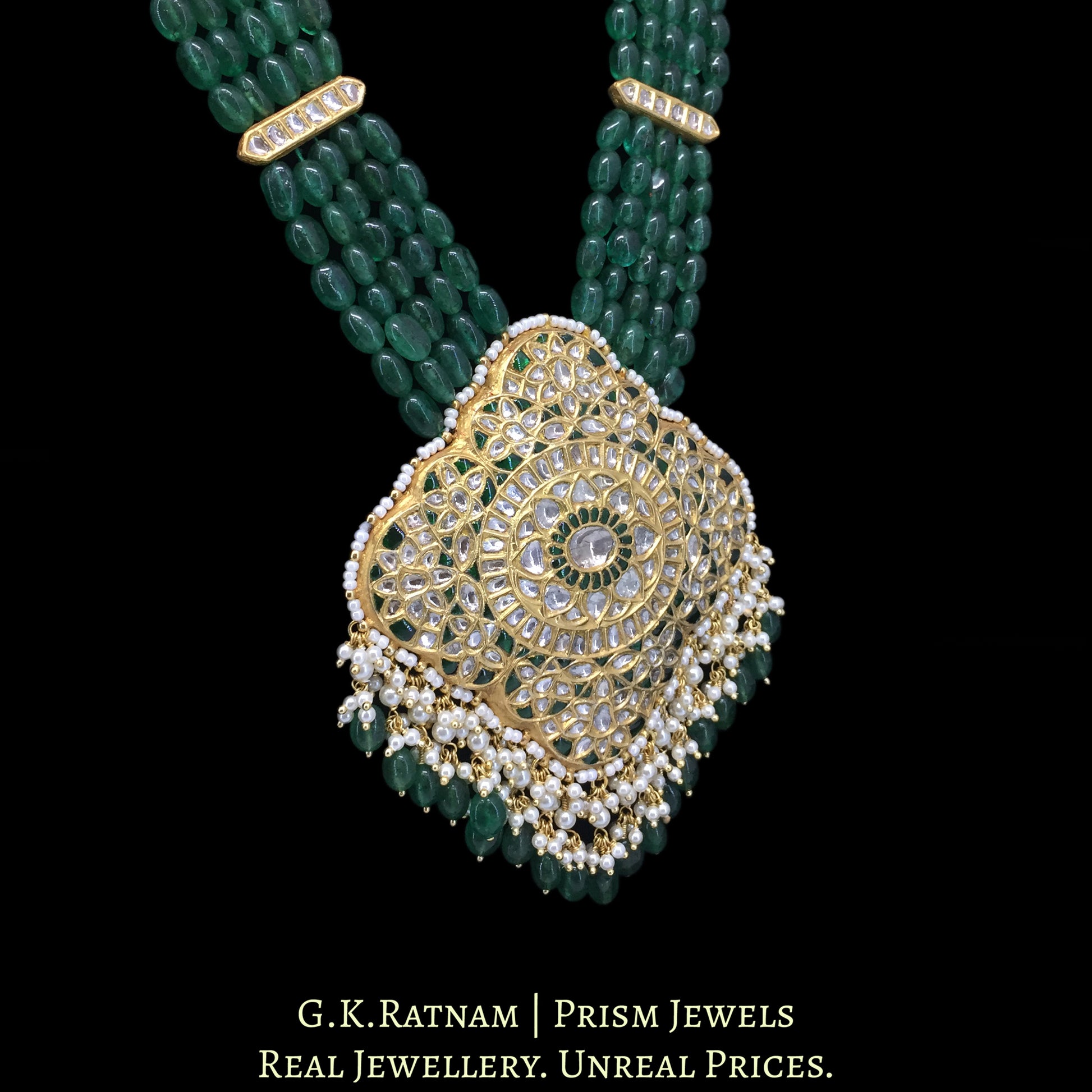 23k Gold and Diamond Polki Pendant Set strung with emerald-green Strawberry Quartz Maniya - G. K. Ratnam