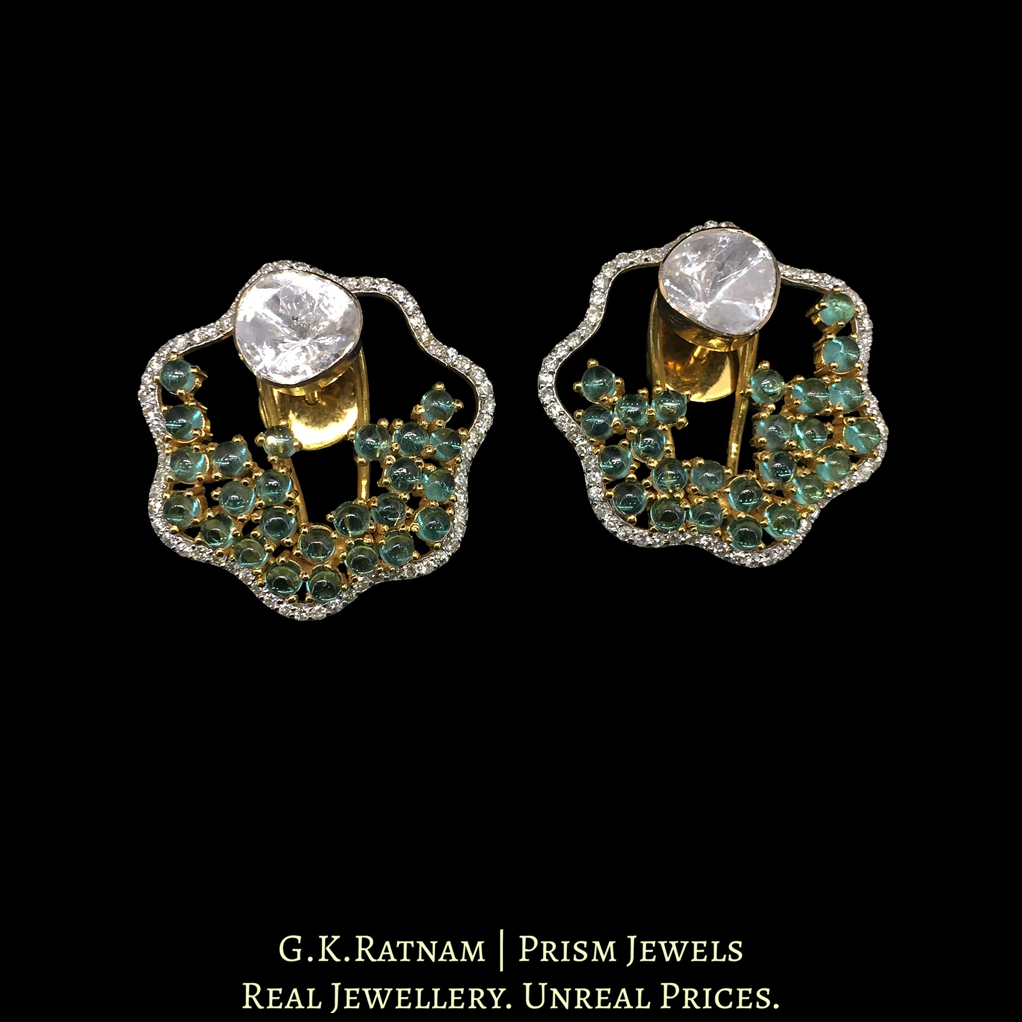 14k Gold and Diamond Polki Open Setting Karnfool Earring Pair