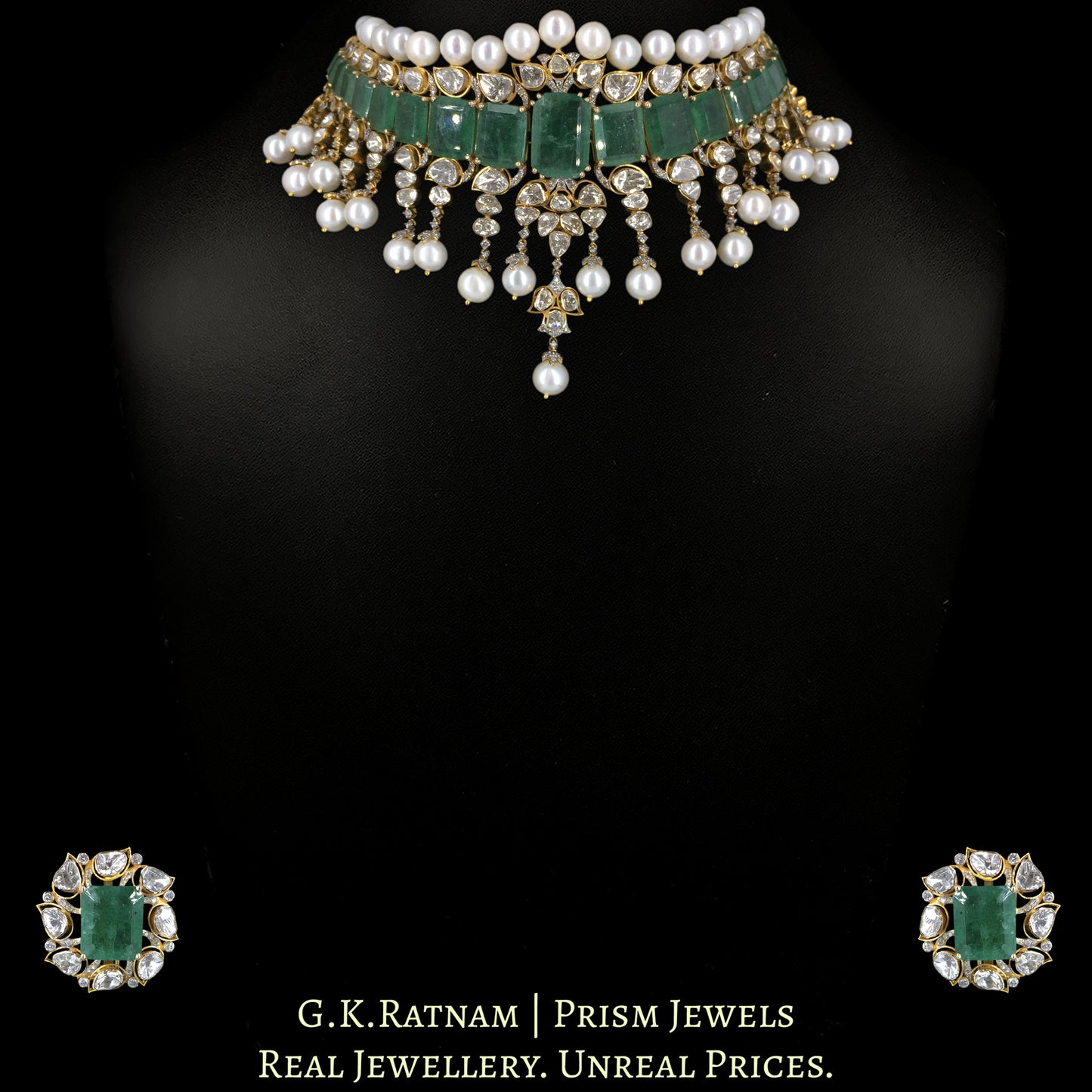 14k Gold and Diamond Polki Open Setting Necklace Set with emerald-green Strawberry Quartz