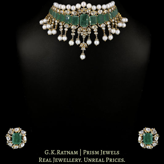 14k Gold and Diamond Polki Open Setting Necklace Set with emerald-green Strawberry Quartz