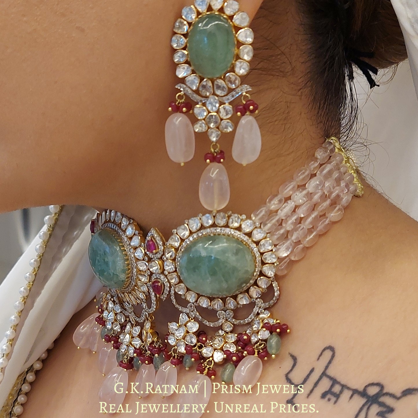 18k Gold and Diamond Polki Open Setting Necklace Set with Strawberry Quartz and Rose Quartz - G. K. Ratnam