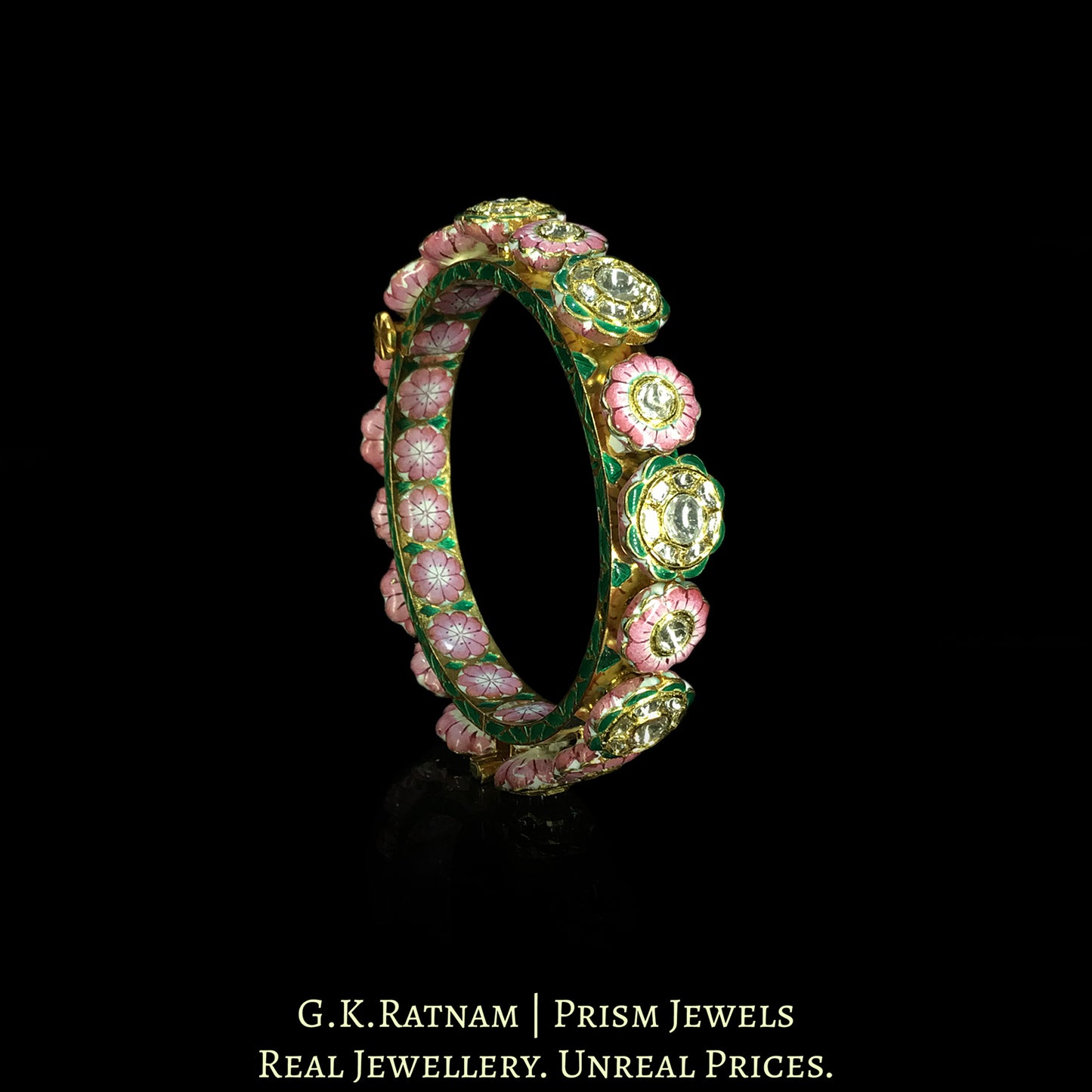 18k Gold and Diamond Polki Bangle (Pacheli) with Pink Meenakari