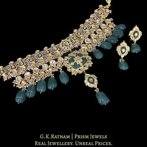 23k Gold and Diamond Polki Choker Necklace Set with Antiqued Pearls and hand-carved Melons