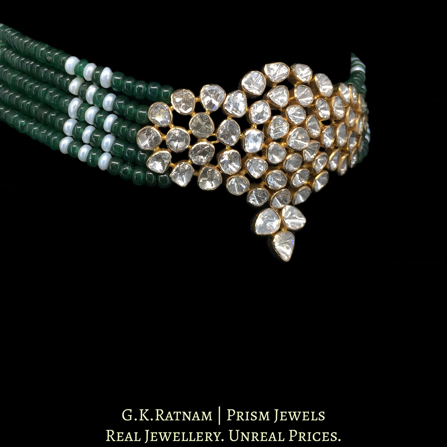 18k Gold and Diamond Polki Open Setting Choker Necklace Set with emerald-green Strawberry Quartz - G. K. Ratnam