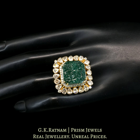 14k Gold and Diamond Polki Open Setting Ring with hand-carved Green Beryl