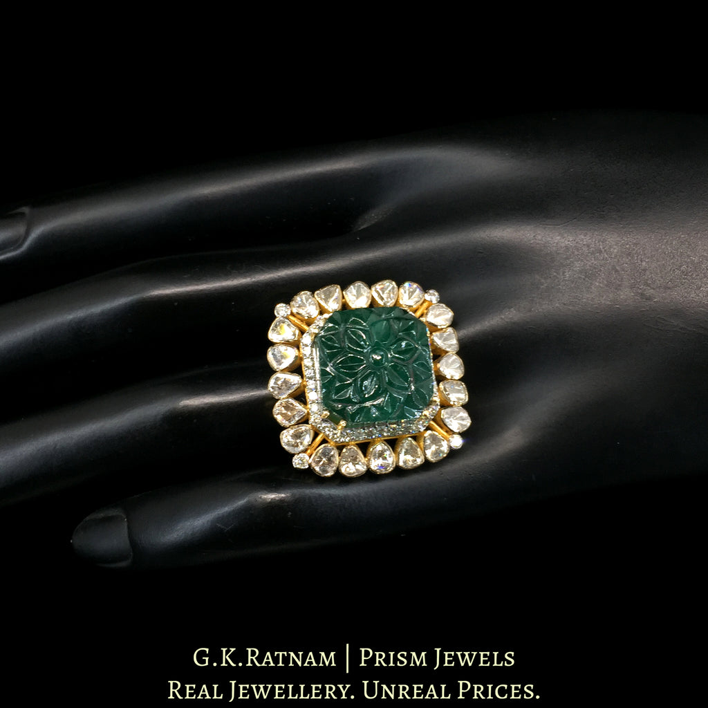 14k Gold and Diamond Polki Open Setting Ring with hand-carved Green Beryl