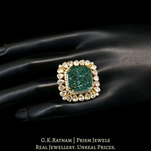 14k Gold and Diamond Polki Open Setting Ring with hand-carved Green Beryl