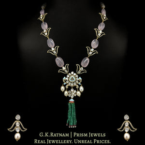 14k Gold and Diamond Polki Open Setting Necklace Set with Rose Quartz Tumbles
