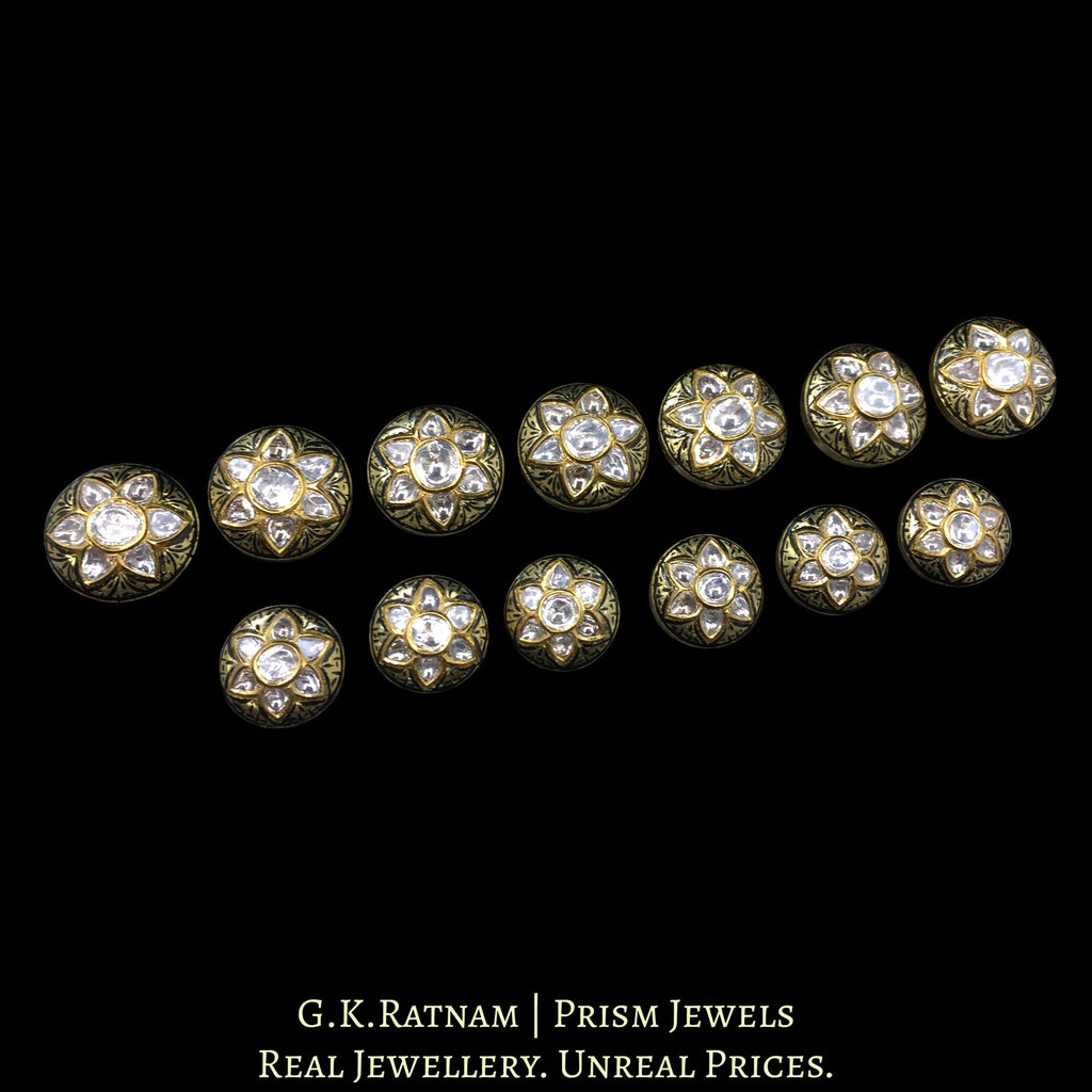 18k Gold And Diamond Polki Sherwani Buttons with Black Enamel