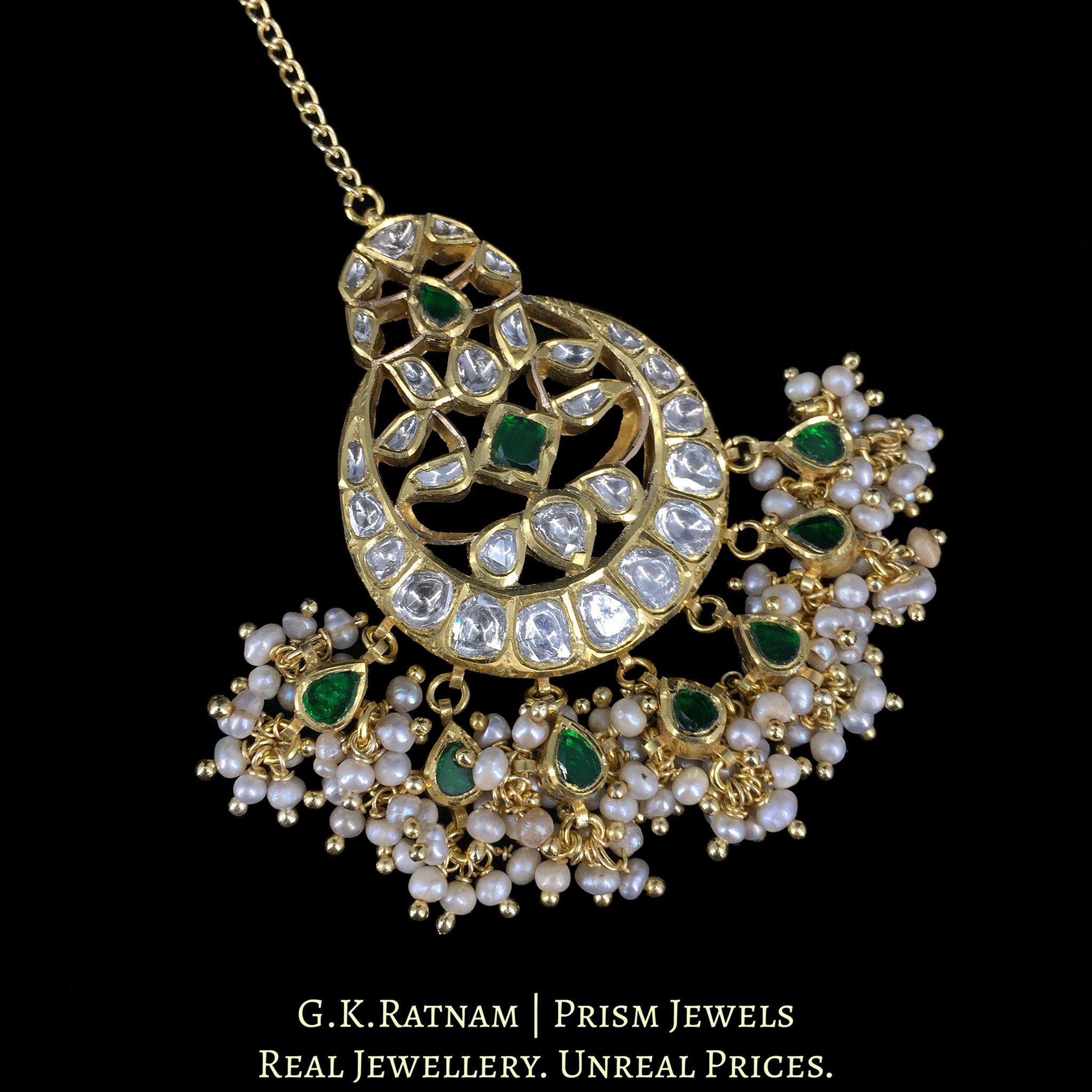 18K Gold And Diamond Polki Maang Tika With Pearls