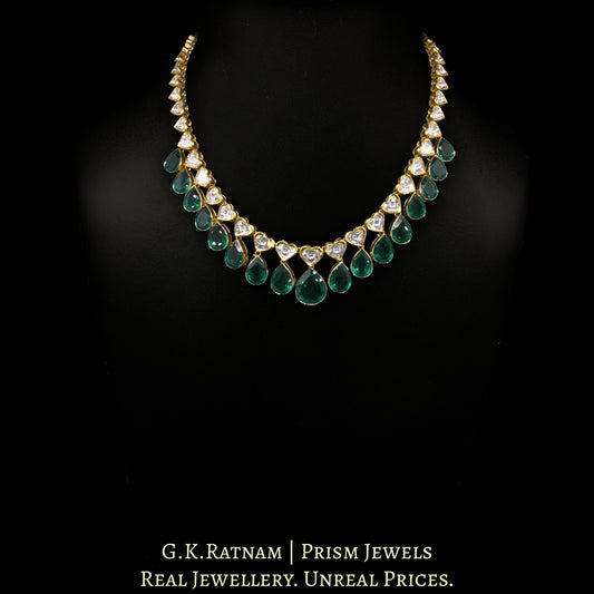 18k Gold and Diamond Polki single-line Necklace Set with Lab Grown Emerald hangings