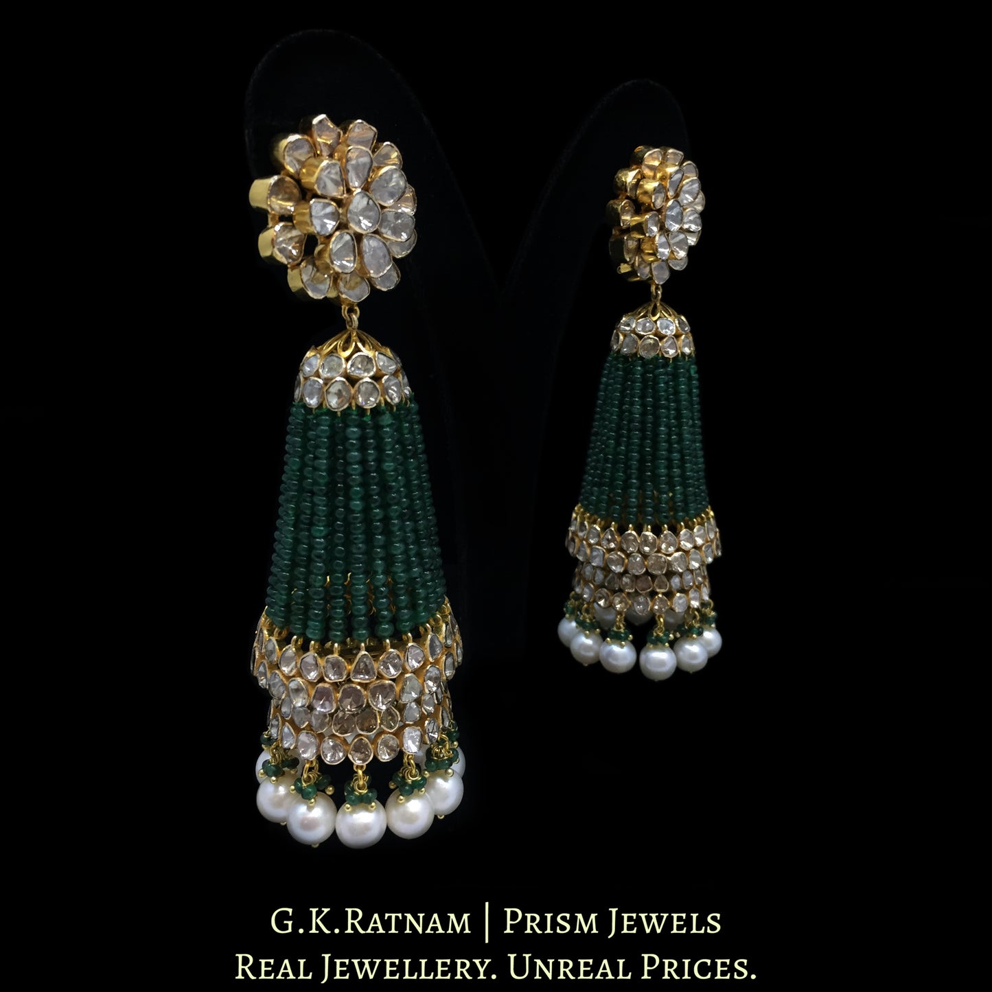 14K Gold and Diamond Polki Open Setting three-tiered Jhumki Earrings