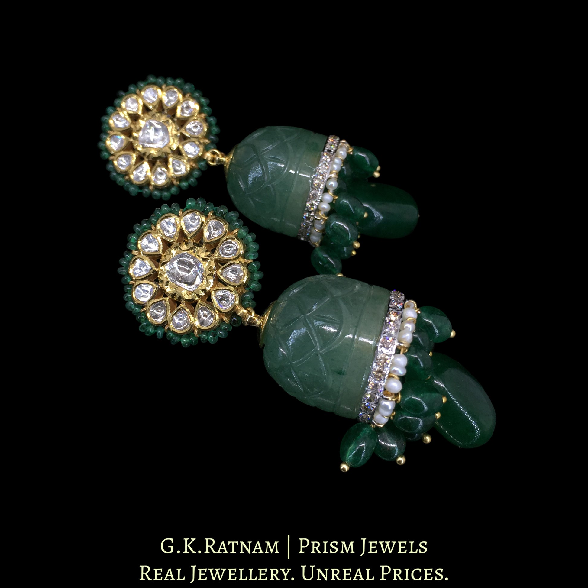 18k Gold and Diamond Polki Strawberry Quartz Jhumki Earring Pair - G. K. Ratnam