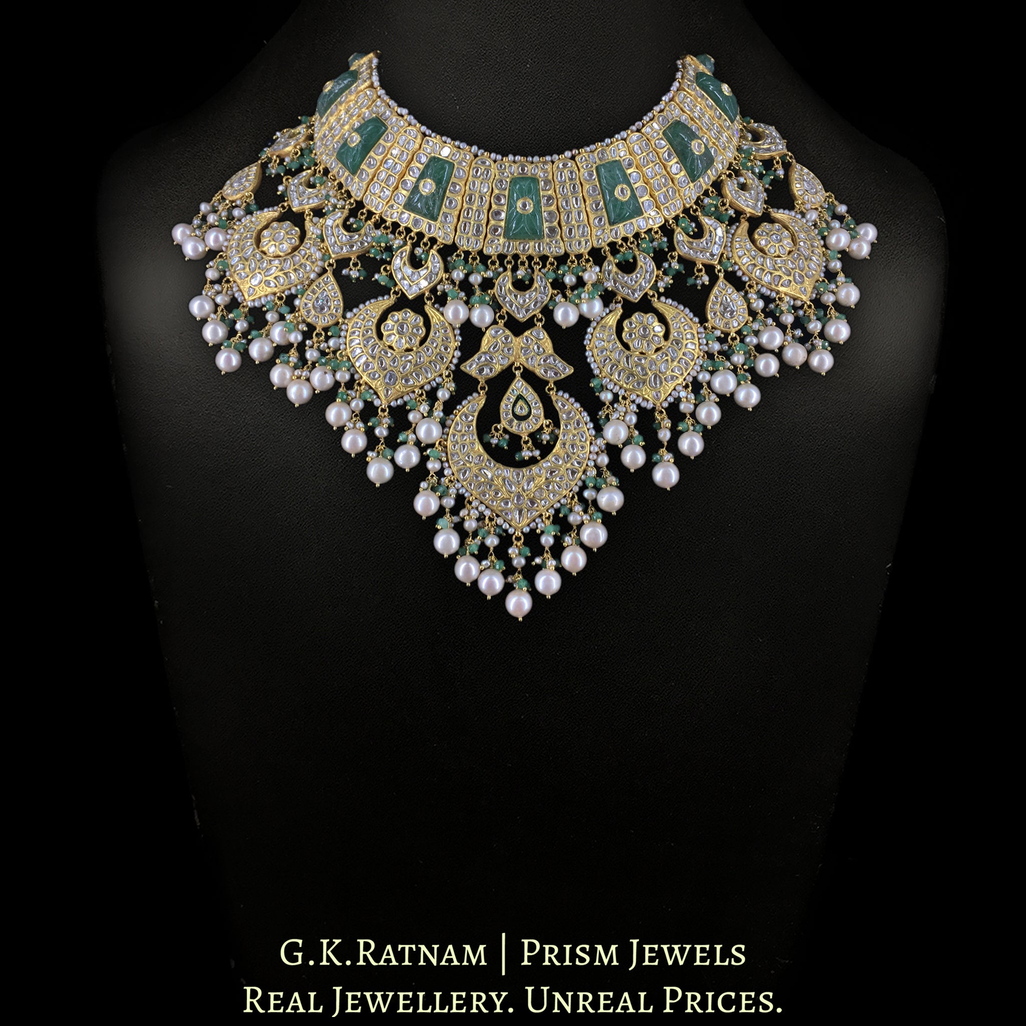 23k Gold and Diamond Polki Bridal Necklace Set with carved emerald-like Strawberry Quartz