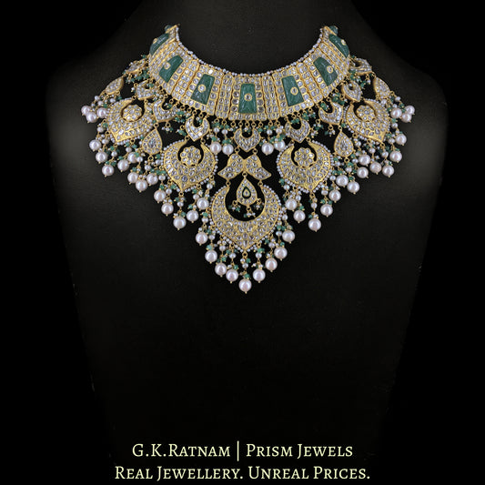 23k Gold and Diamond Polki Bridal Necklace Set with carved emerald-like Strawberry Quartz