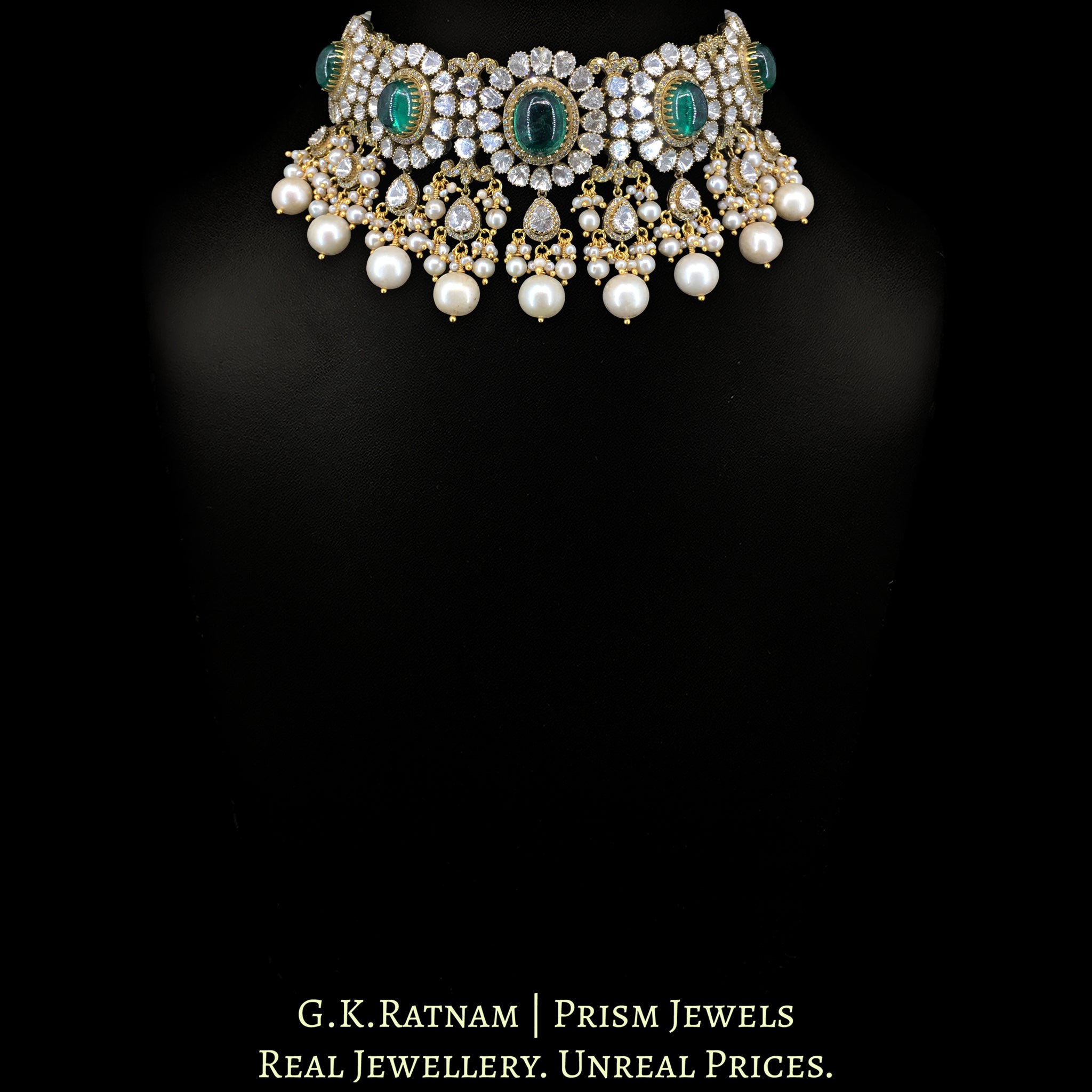 14k Gold and Diamond Polki Open Setting Necklace Set with Lab Grown Emeralds