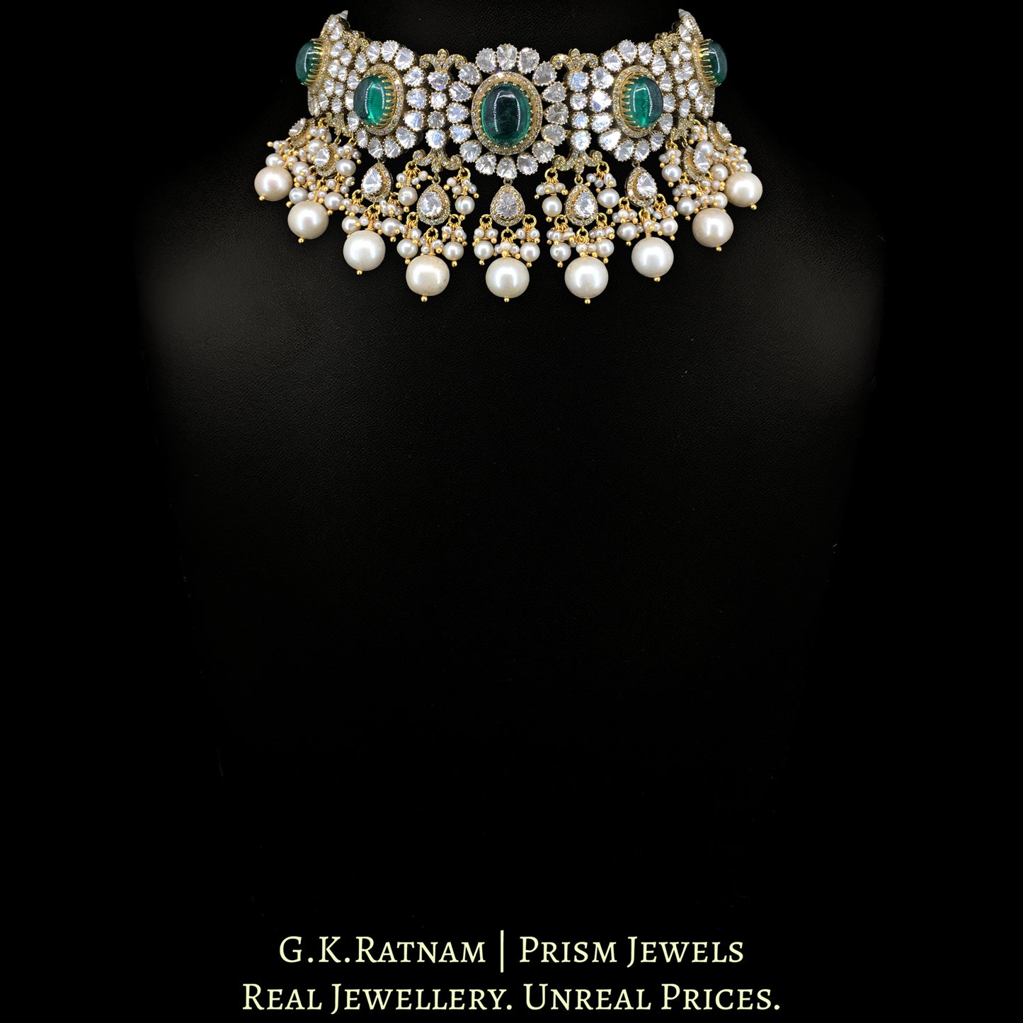 14k Gold and Diamond Polki Open Setting Necklace Set with Lab Grown Emeralds - G. K. Ratnam