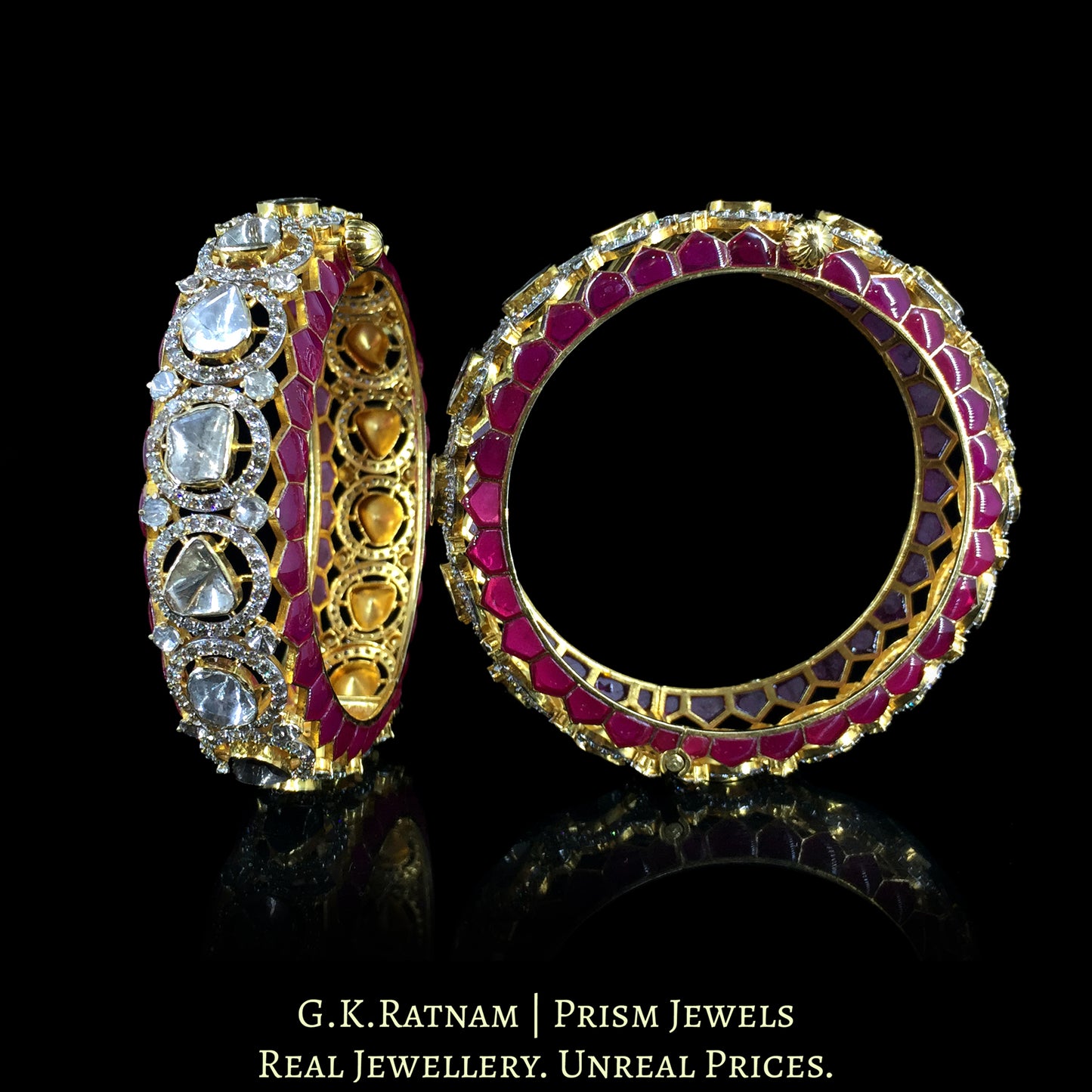 18k Gold and Diamond Polki Open Setting Bangle Pair