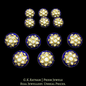 18k Gold and Diamond Polki Sherwani Buttons with Blue Enamel