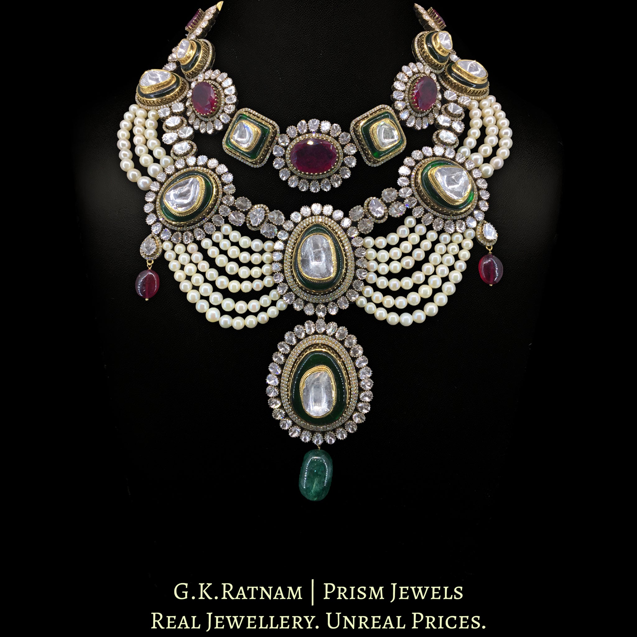 14k Gold and Diamond Polki Open Setting multi-purpose detachable Necklace in Victorian Finish