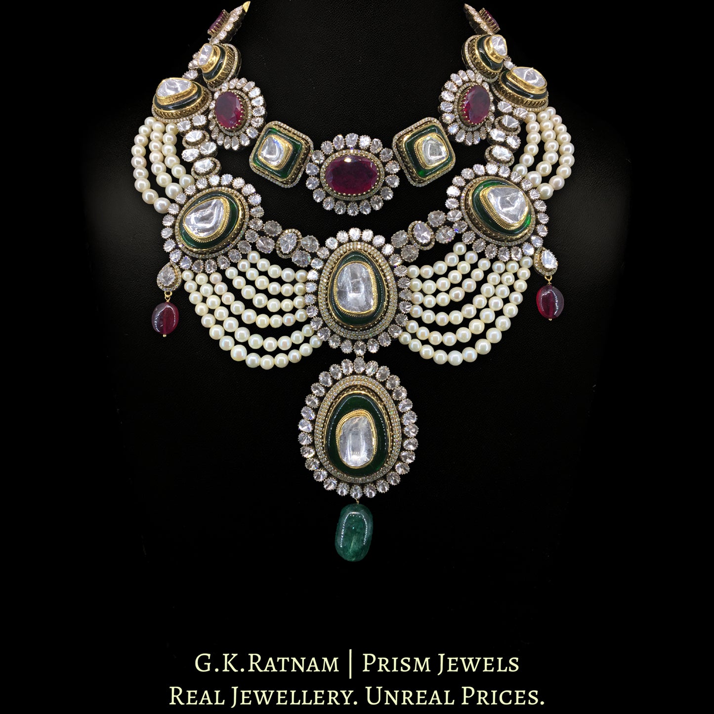 14k Gold and Diamond Polki Open Setting multi-purpose detachable Necklace in Victorian Finish