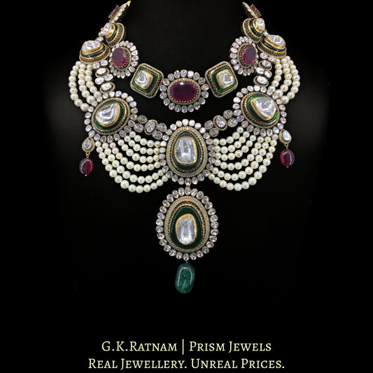 14k Gold and Diamond Polki Open Setting multi-purpose detachable Necklace in Victorian Finish
