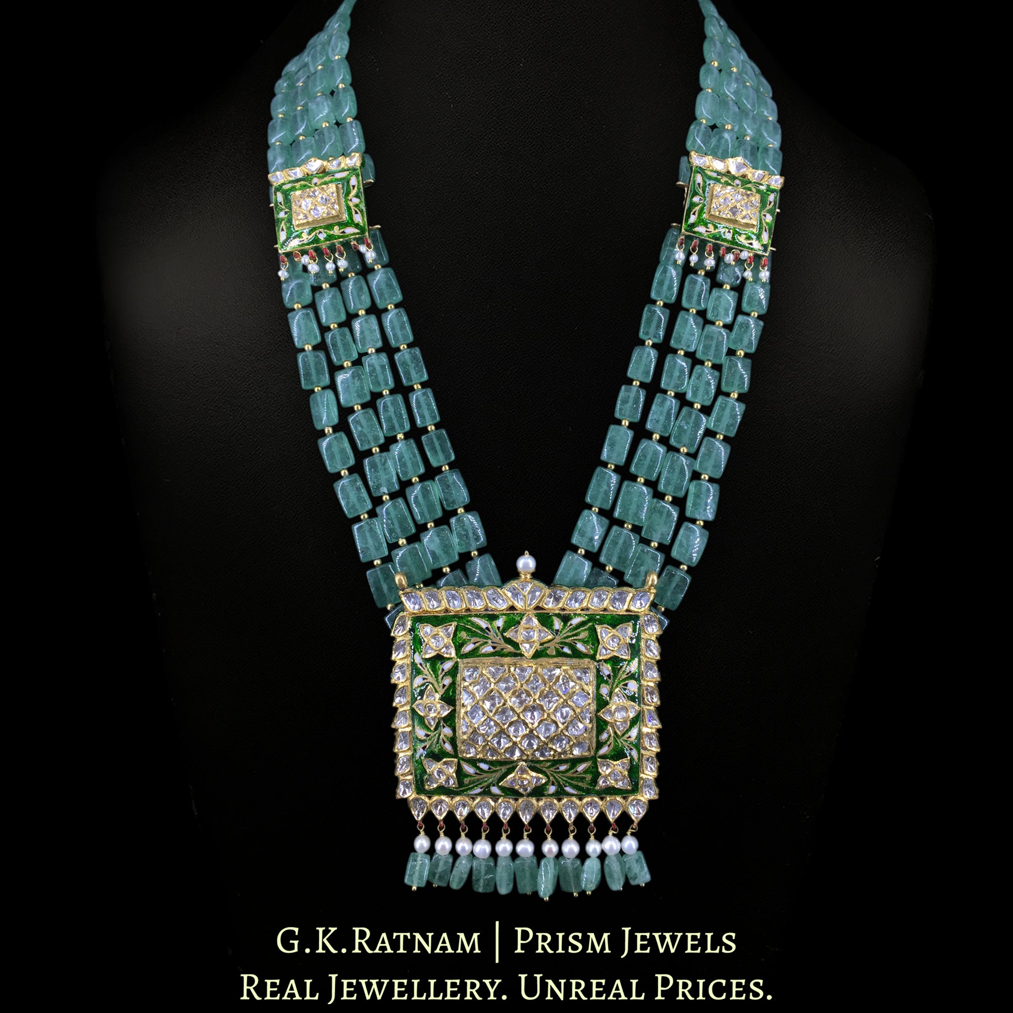 18k Gold and Diamond Polki Pendant Set with Green Meenakari