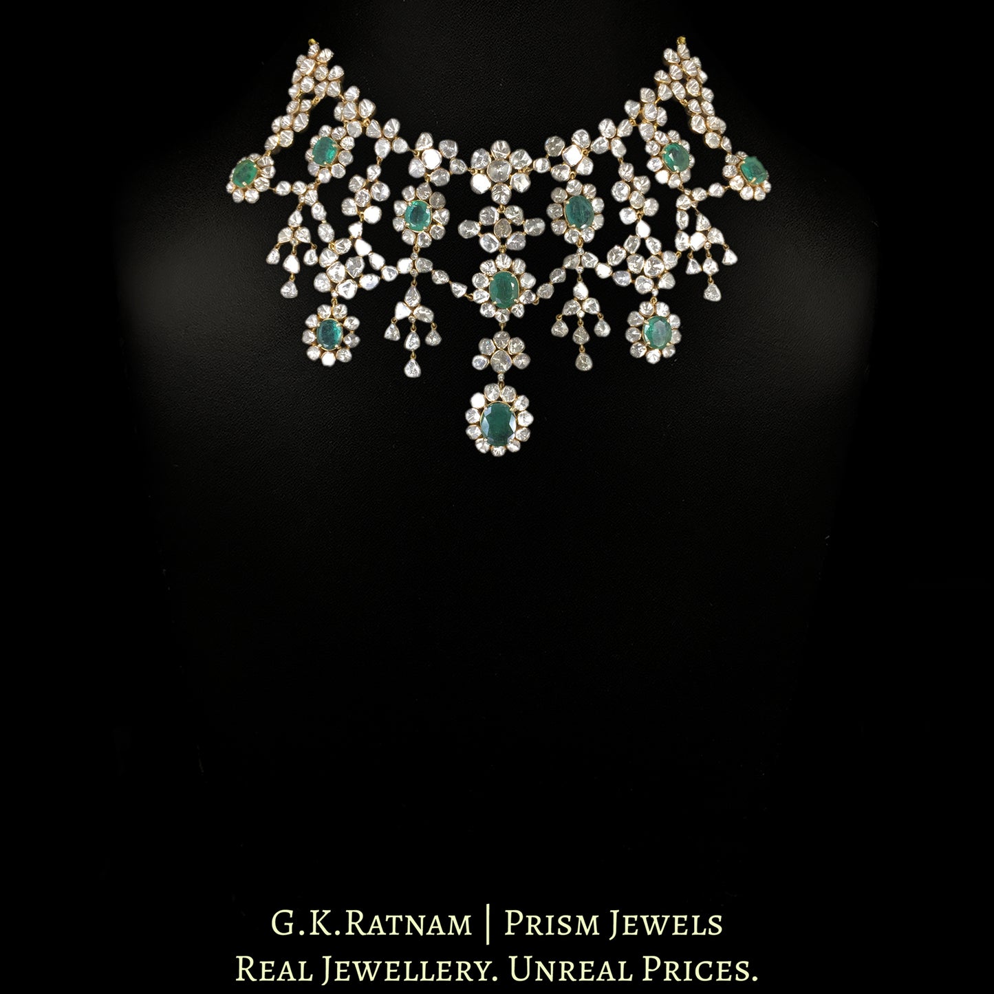 18k Gold and Diamond Polki Open Setting Necklace Set with Natural Emeralds - G. K. Ratnam