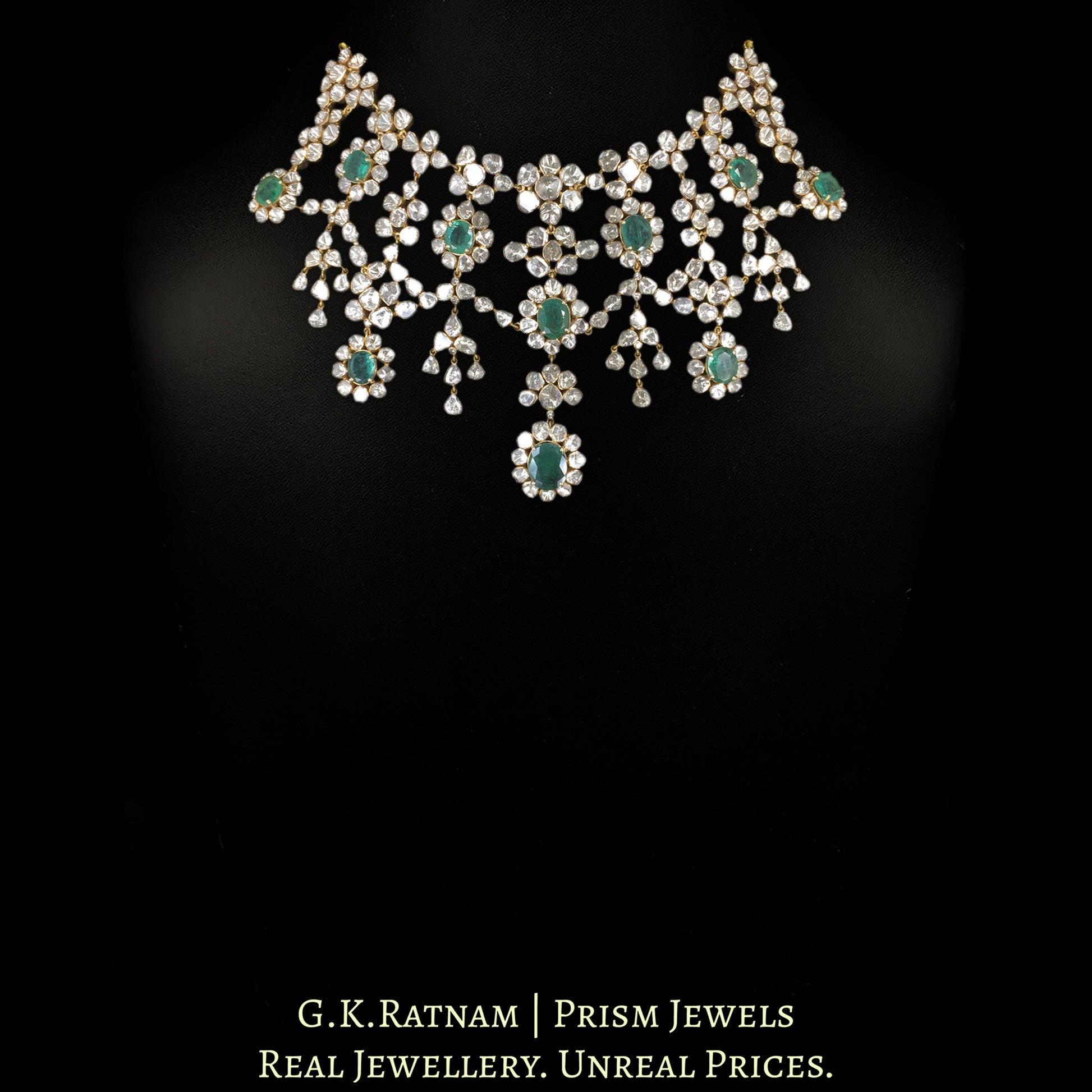 18k Gold and Diamond Polki Open Setting Necklace Set with Natural Emeralds - G. K. Ratnam
