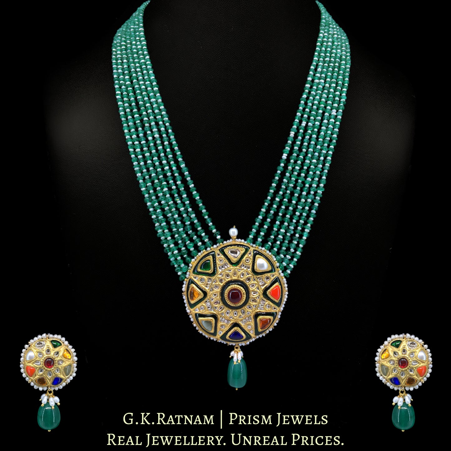 23k Gold and Diamond Polki Navratna Pendant Set with Green Strawberry Quartz