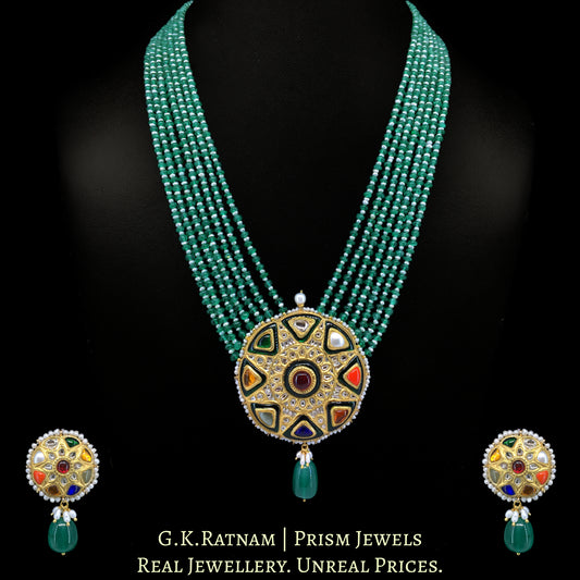 23k Gold and Diamond Polki Navratna Pendant Set with Green Strawberry Quartz