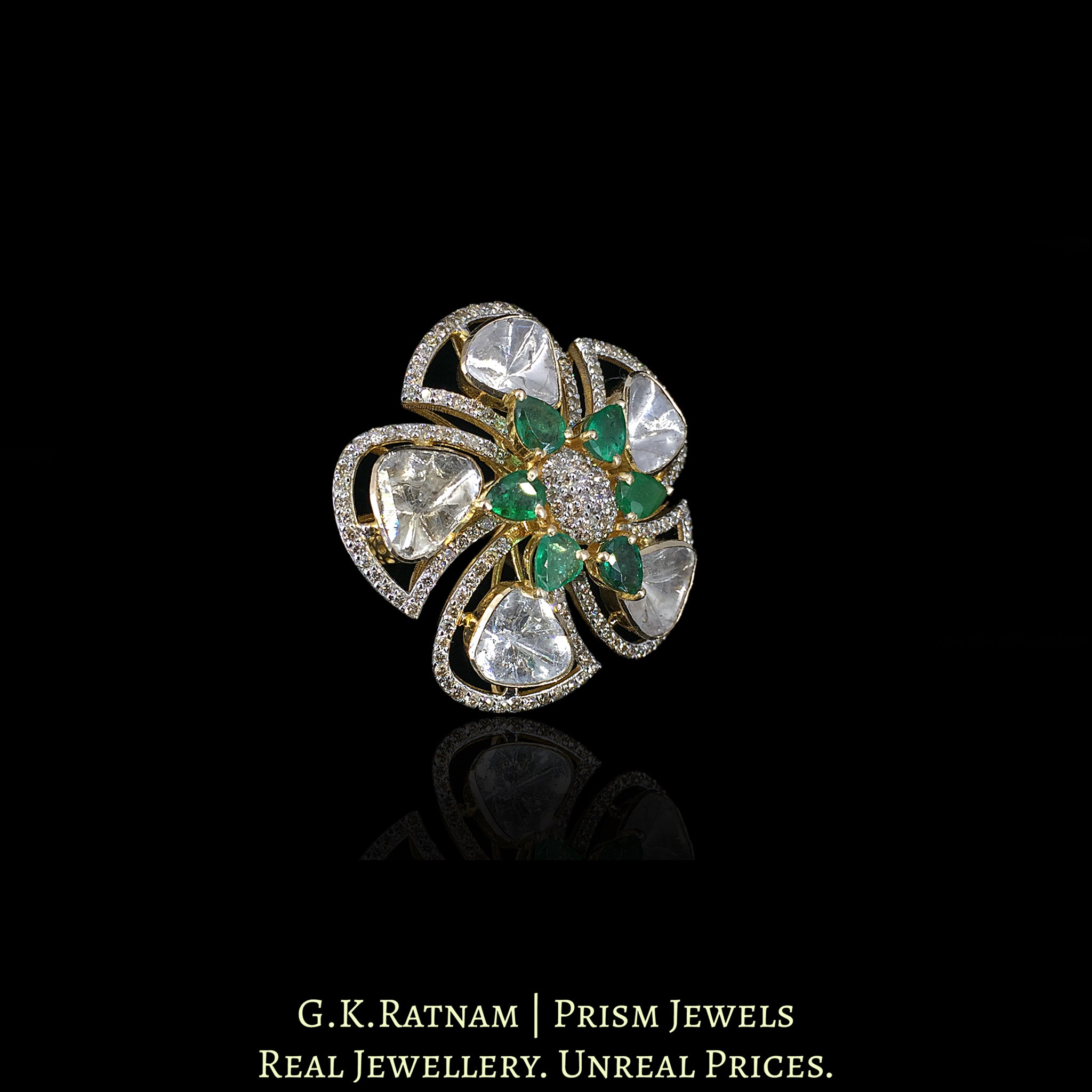 14k Gold and Diamond Polki Open Setting floral Ring with Natural Emeralds