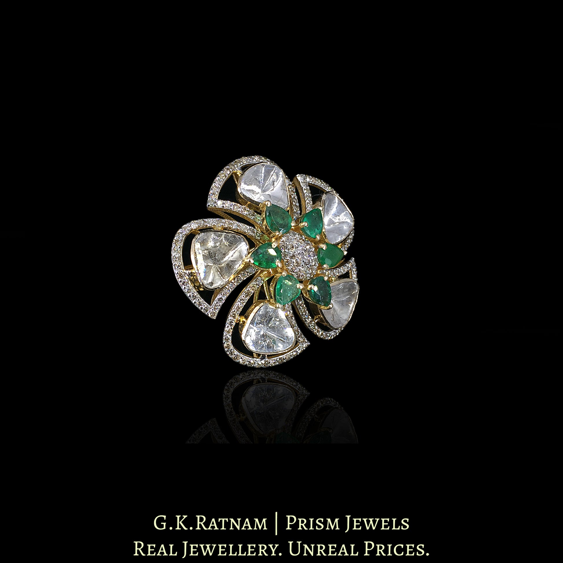14k Gold and Diamond Polki Open Setting floral Ring with Natural Emeralds - G. K. Ratnam