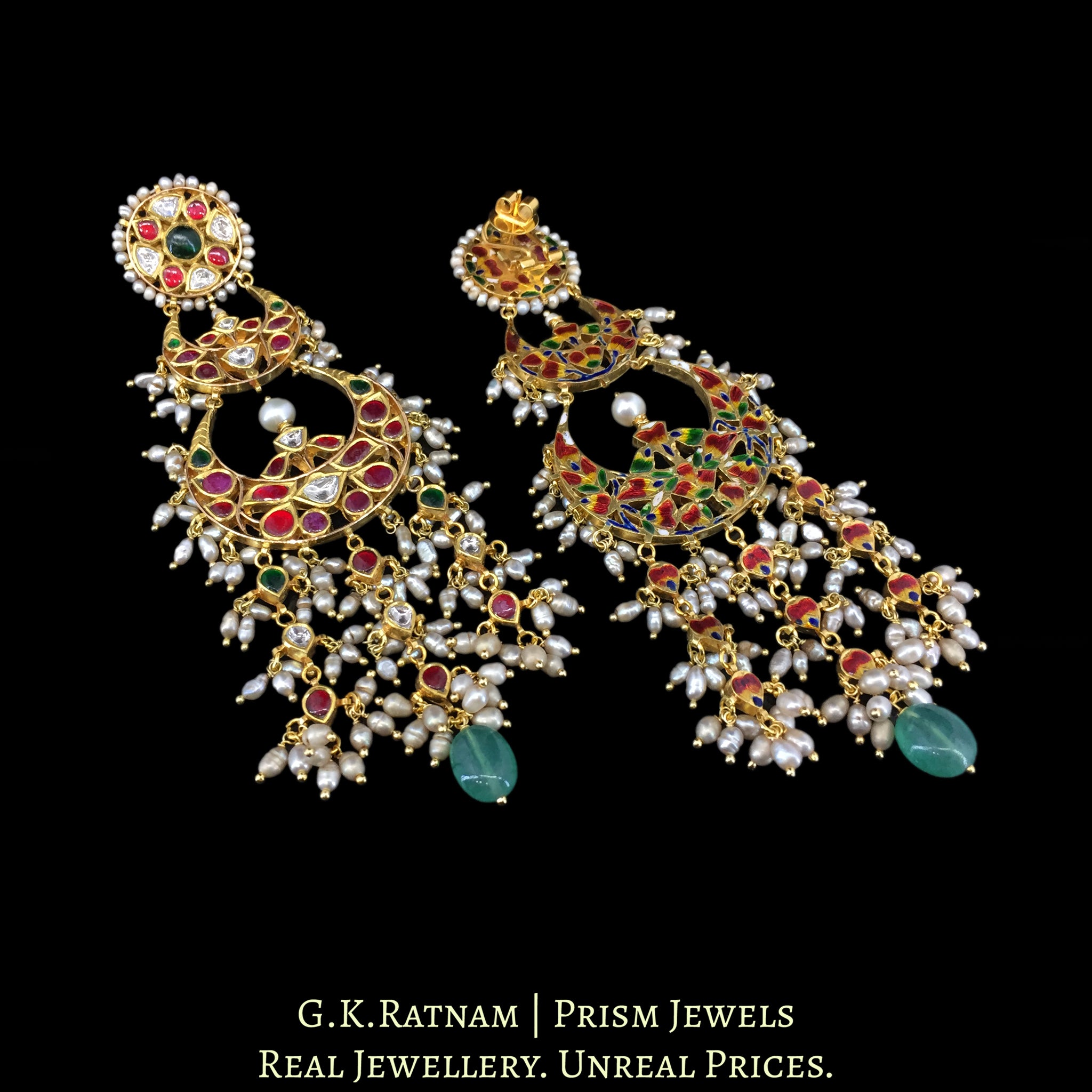 18k Gold and Diamond Polki Chand Bali Earring Pair with Antiqued Freshwater Pearls
