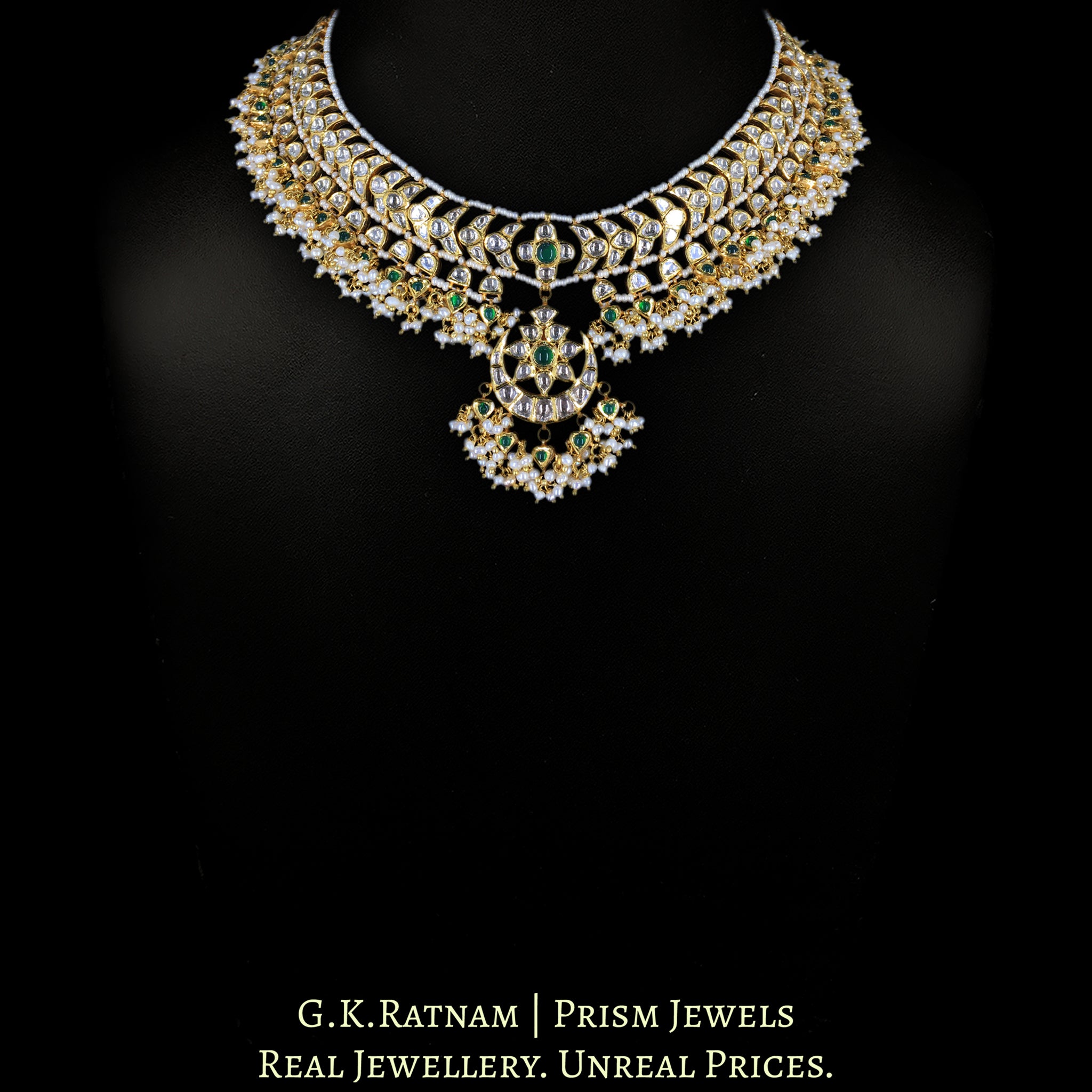 18k Gold and Diamond Polki Necklace Set with concentric crescents and heart-shaped drops