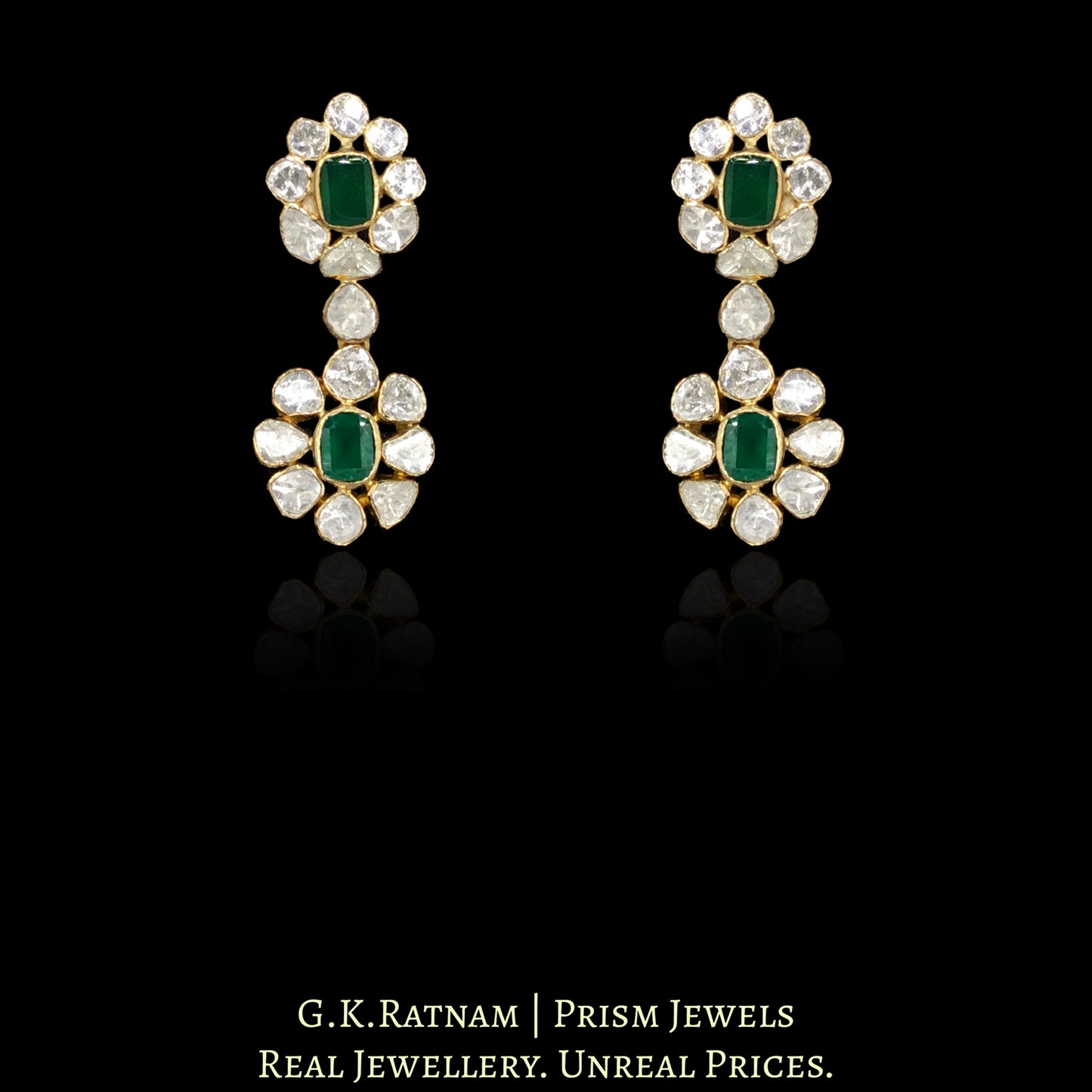 14k Gold and Diamond Polki Open Setting three-line Necklace Set with emerald-green stones