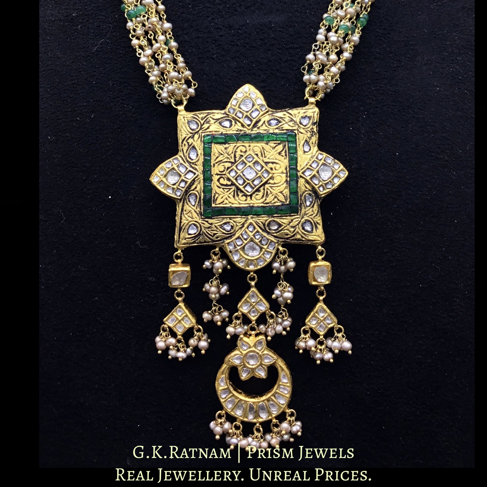 23k Gold and Diamond Polki fancy green Pendant with antiqued hyderabadi pearl chains