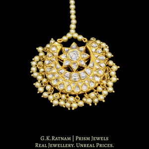 18k Gold and Diamond Polki Crescent Maang Tika with triple-coated shell pearls