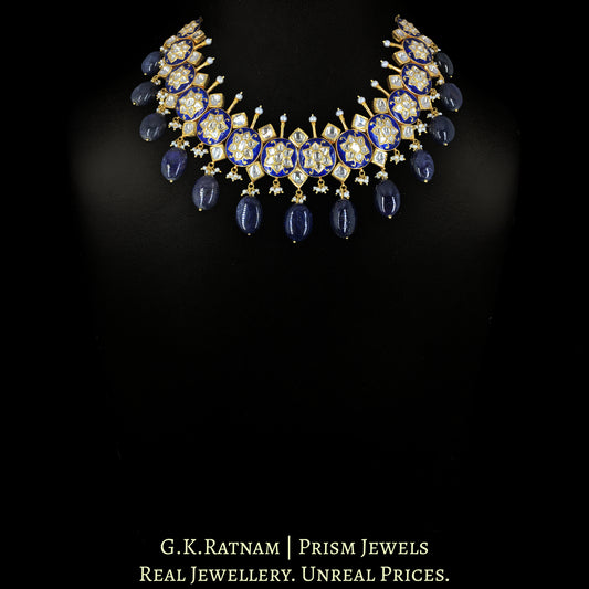 18k Gold and Diamond Polki Necklace Set with intricate Blue Pottery - G. K. Ratnam