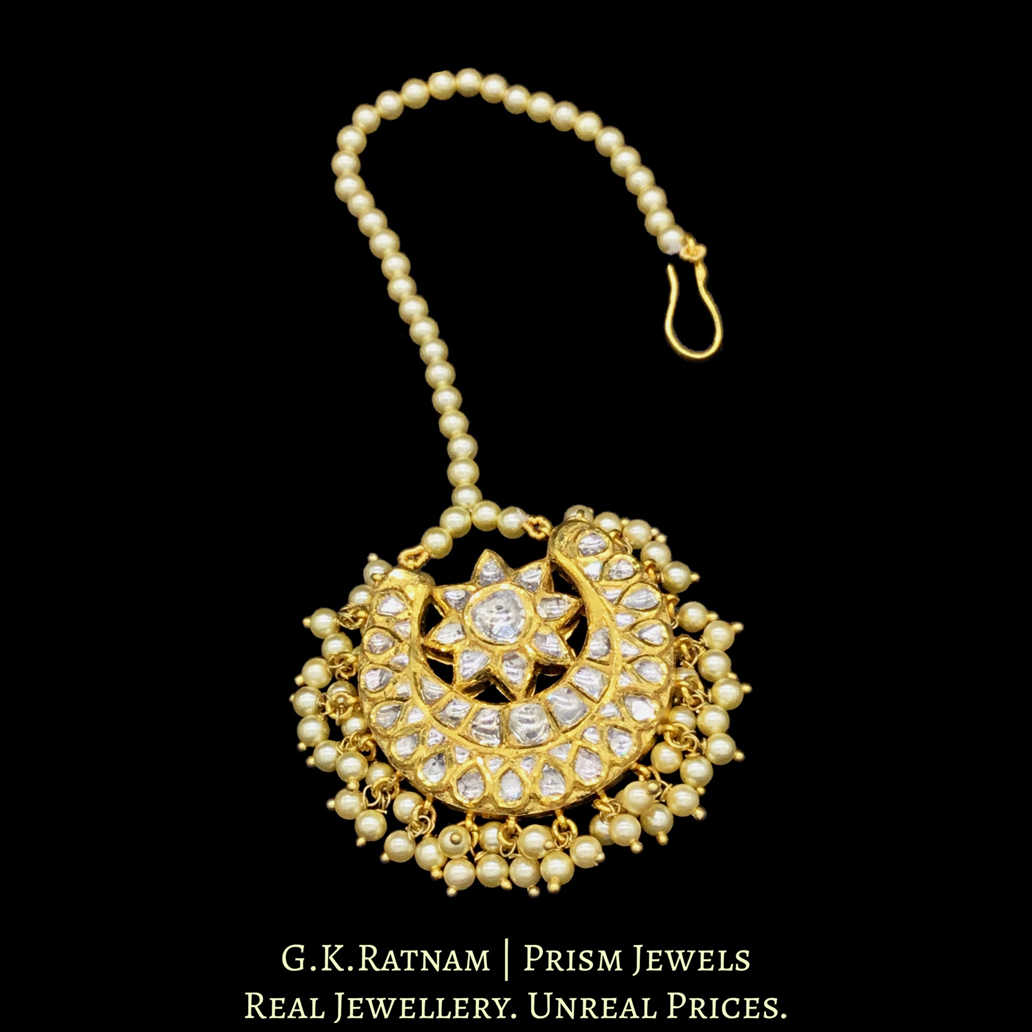 18k Gold and Diamond Polki Crescent Maang Tika with triple-coated shell pearls