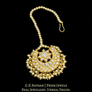 18k Gold and Diamond Polki Crescent Maang Tika with triple-coated shell pearls