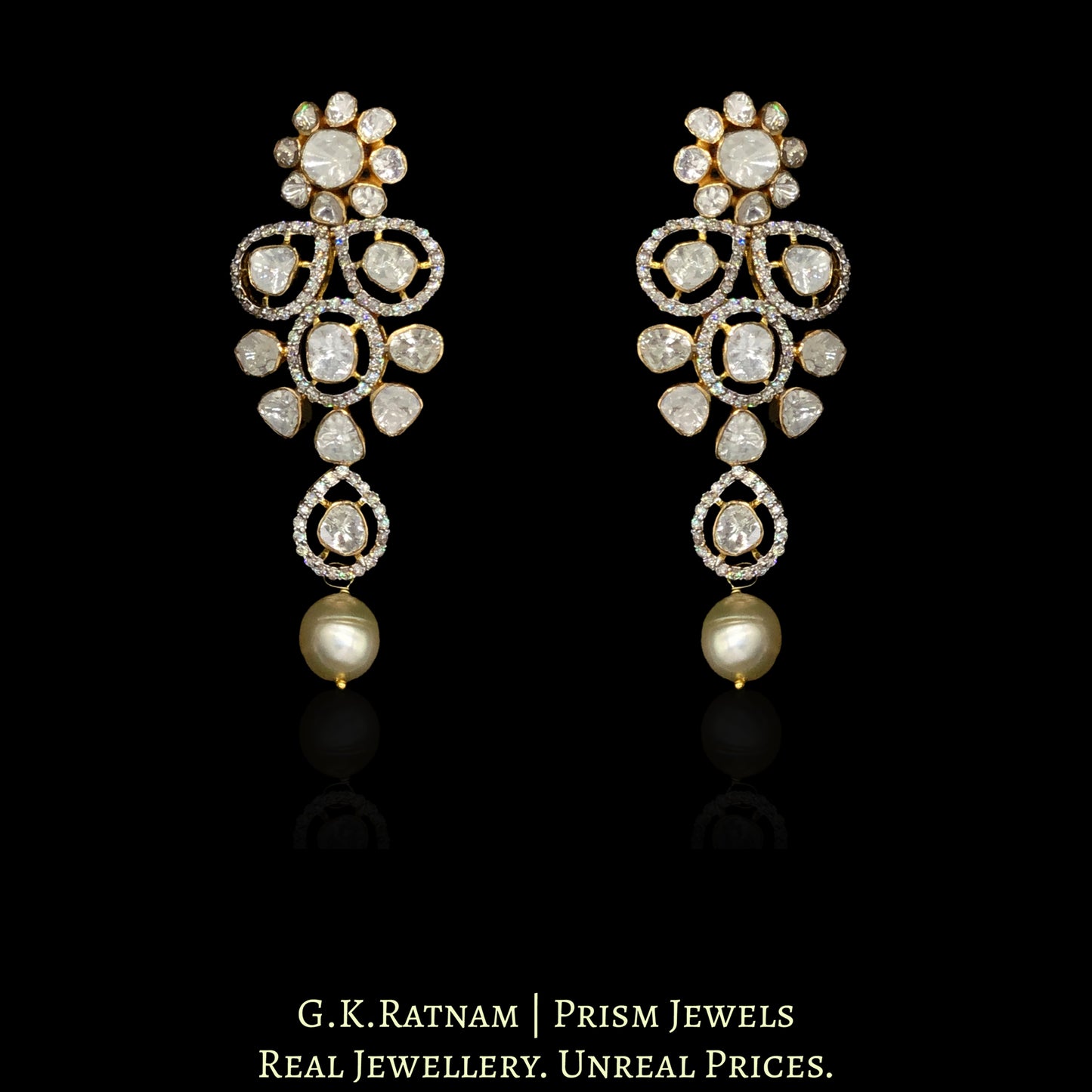 14K Gold and Diamond Polki Open Setting Necklace Set with Floral Motifs