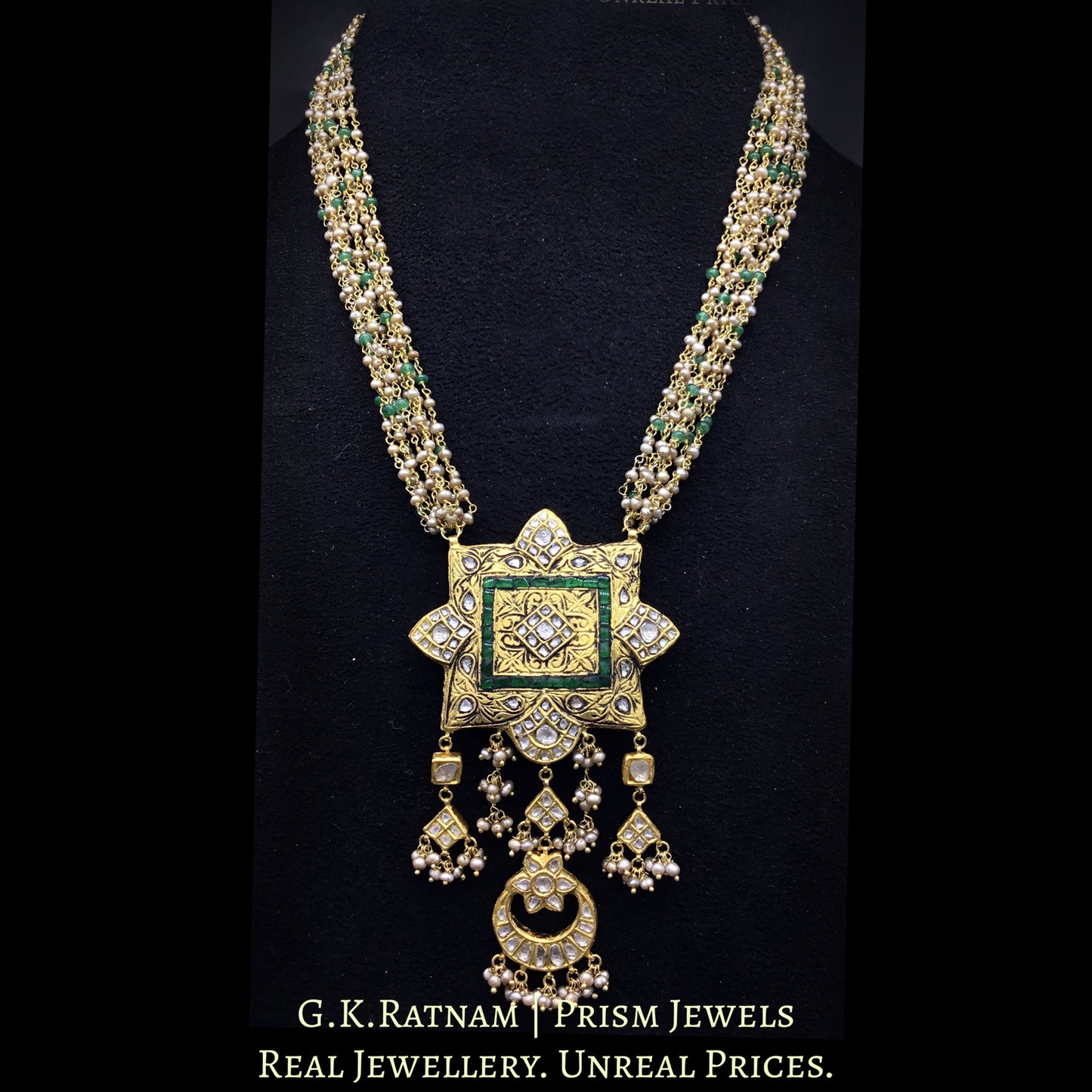23k Gold and Diamond Polki fancy green Pendant with antiqued hyderabadi pearl chains - G. K. Ratnam