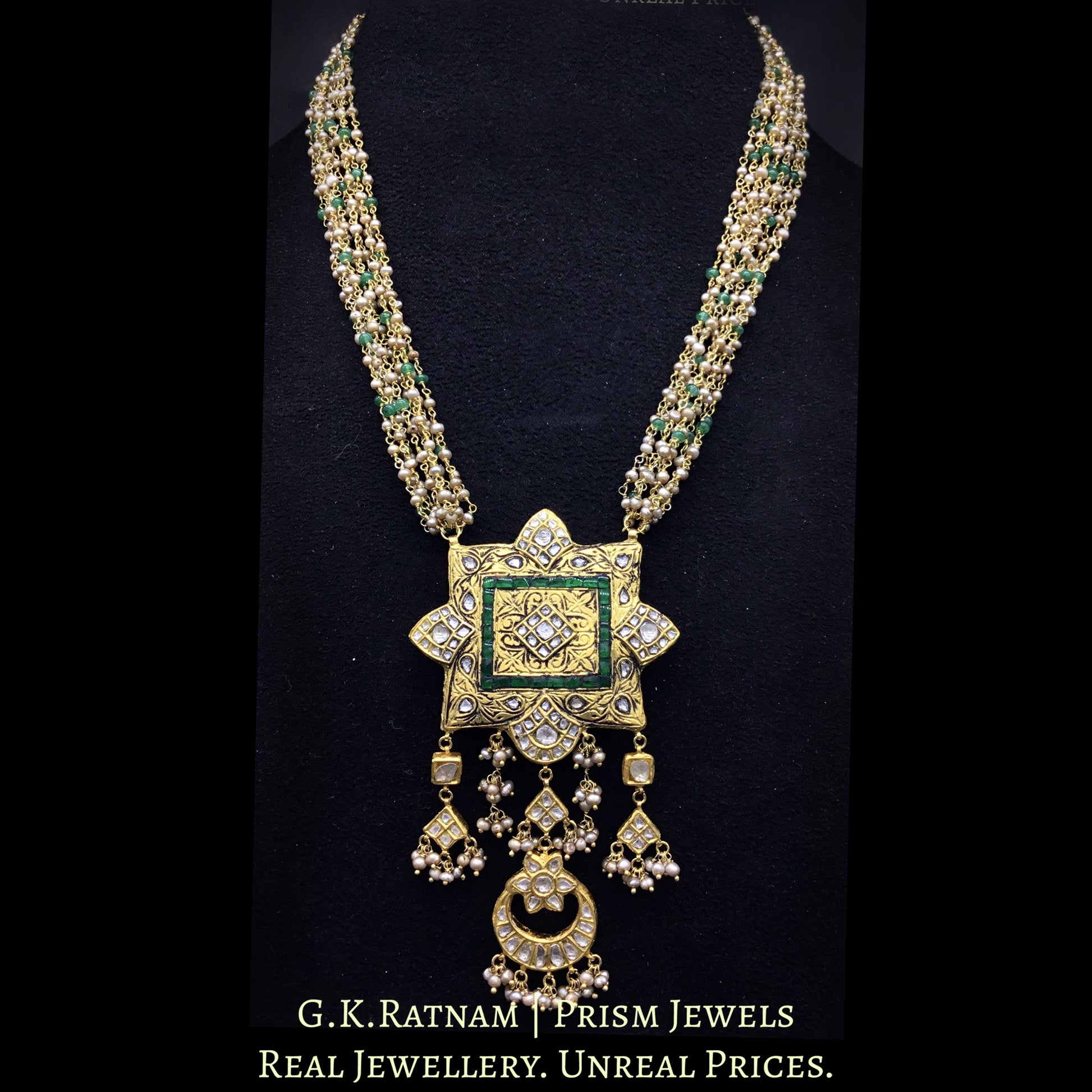 23k Gold and Diamond Polki fancy green Pendant with antiqued hyderabadi pearl chains - G. K. Ratnam